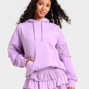JoyLab lace trim French terry hooded sweatshirt purple b